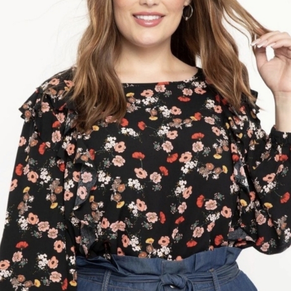 Eloquii black coral floral flutter detail top - Picture 1 of 7
